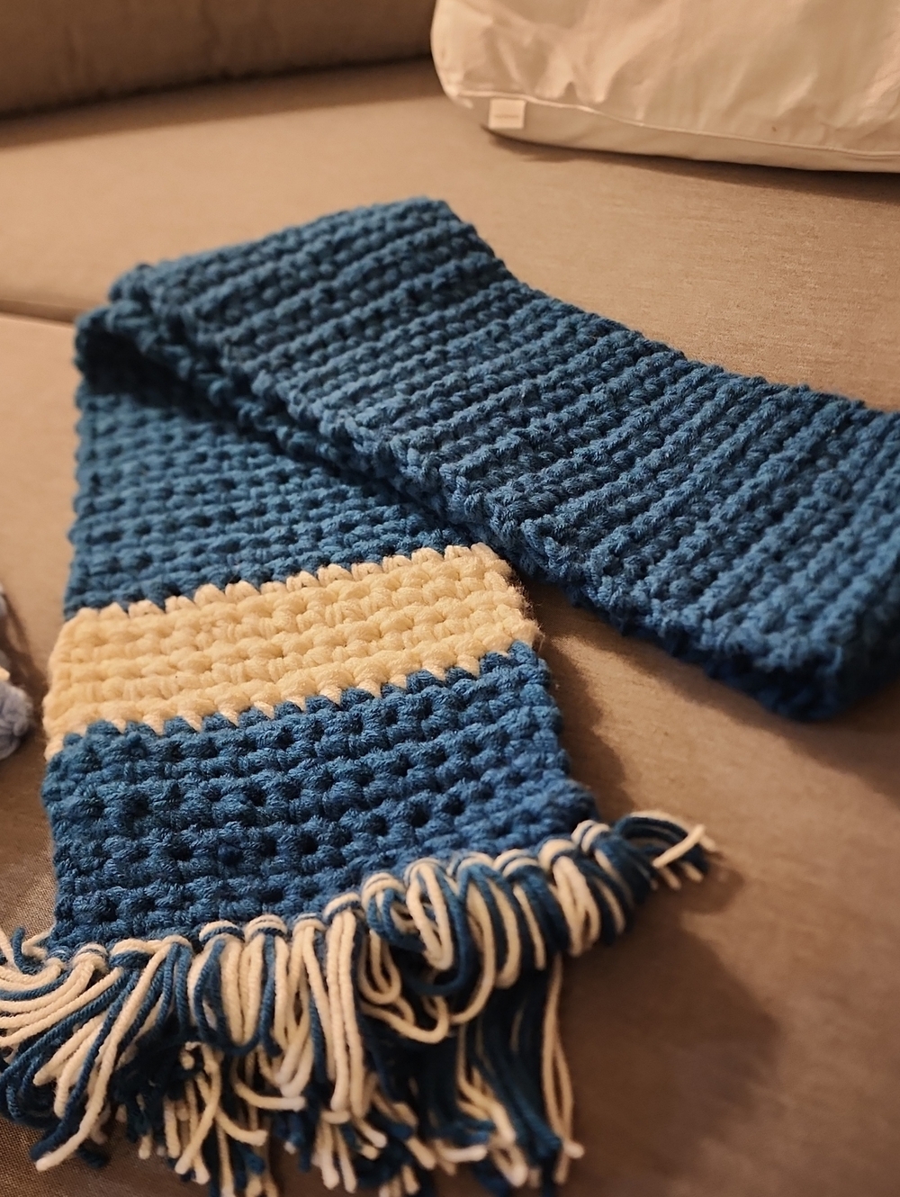 Handknit   Crochet  Chunky Smart Winter Woollen Scarf in Teal and Cream